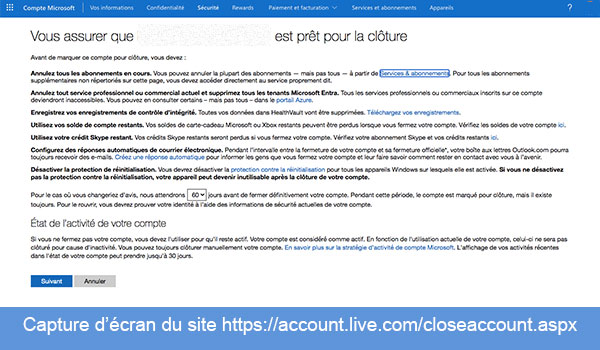 Guide de fermeture du compte Outlook