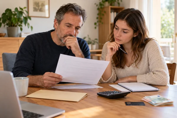 Parent et jeune adulte vérifiant un document financier pour éviter de confondre un prêt familial avec une donation